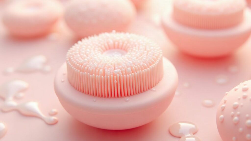 Gros plan sur les picots en silicone d'une brosse nettoyante visage, couverts de gouttes d'eau