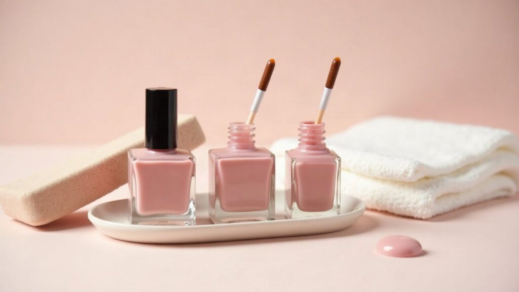Gros plan sur des flacons de vernis ouverts, un bloc polissoir et un carré de coton, en lumière douce