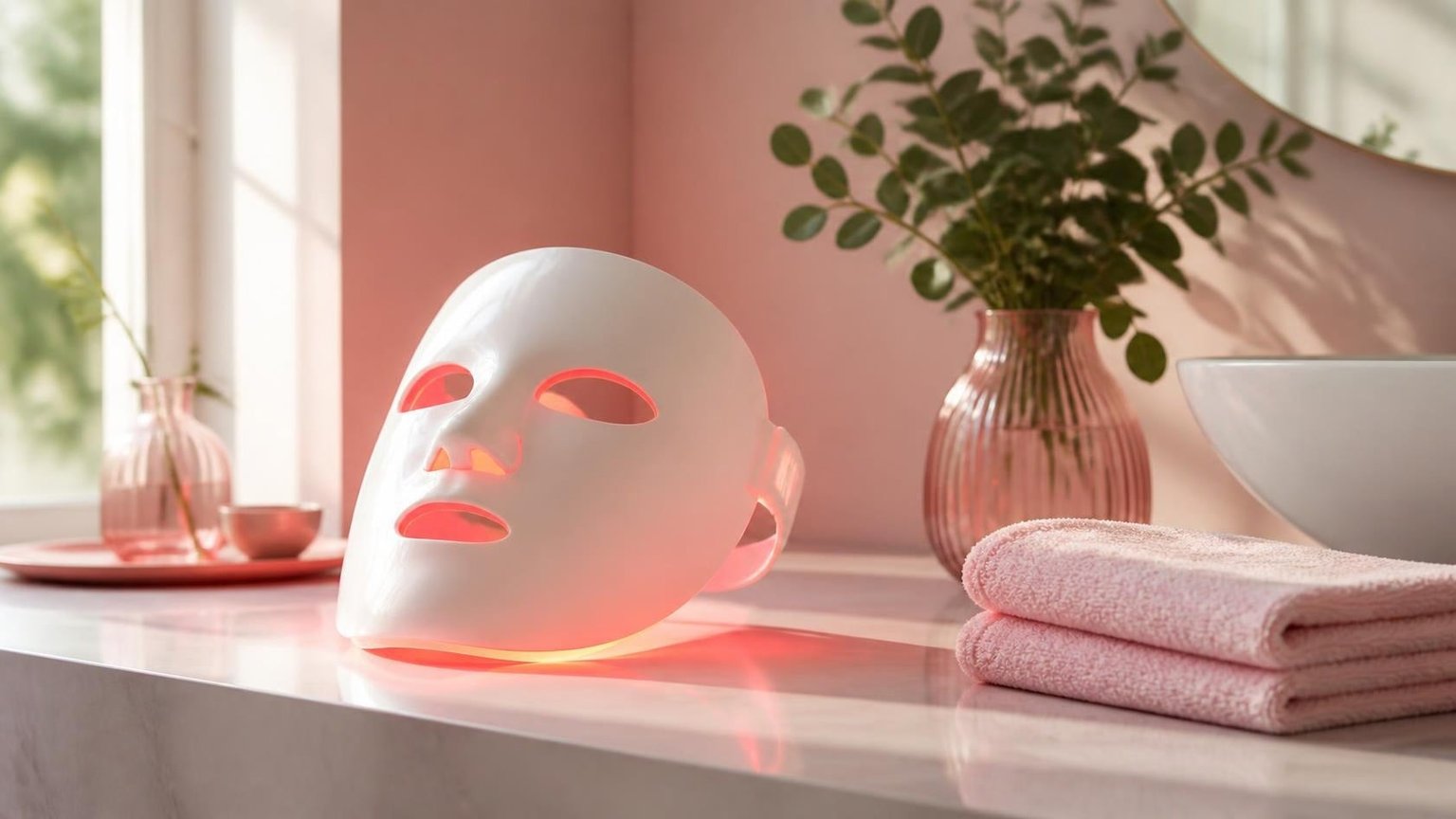 Masque LED de soin du visage en silicone blanc posé sur une coiffeuse de salle de bain, lueur rouge, serviettes roses et plante verte