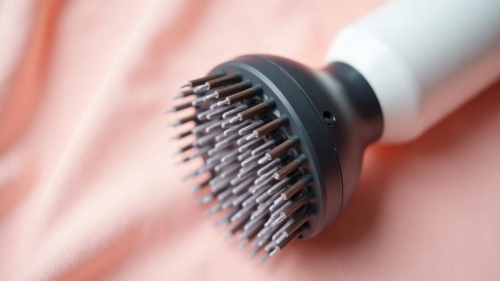 Gros plan sur le cylindre et les poils d'une brosse soufflante rotative sans marque, posée sur un tissu crème à côté d'un élastique rose