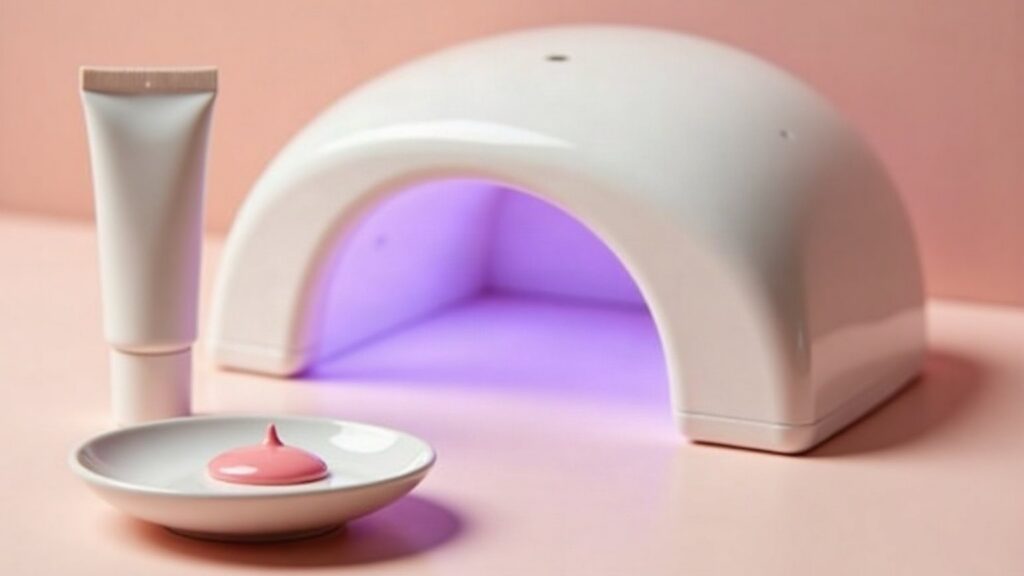 Gros plan sur l'ouverture d'une lampe à ongles à la lueur violette, avec un tube de crème et une goutte de vernis rose