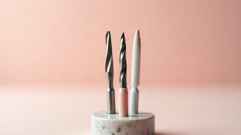 Gros plan sur trois embouts de ponceuse à ongles : céramique rose, carbure argenté et manchon abrasif blanc