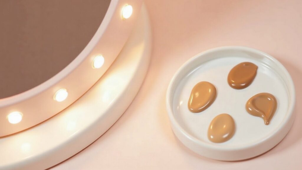 Gros plan sur le bord lumineux d’un miroir et trois nuances de fond de teint sur une palette en céramique