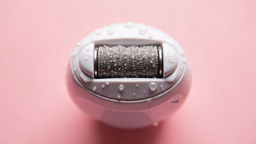 Gros plan sur la tête d’un épilateur électrique sans marque : disques de pincettes métalliques couverts de gouttes d’eau