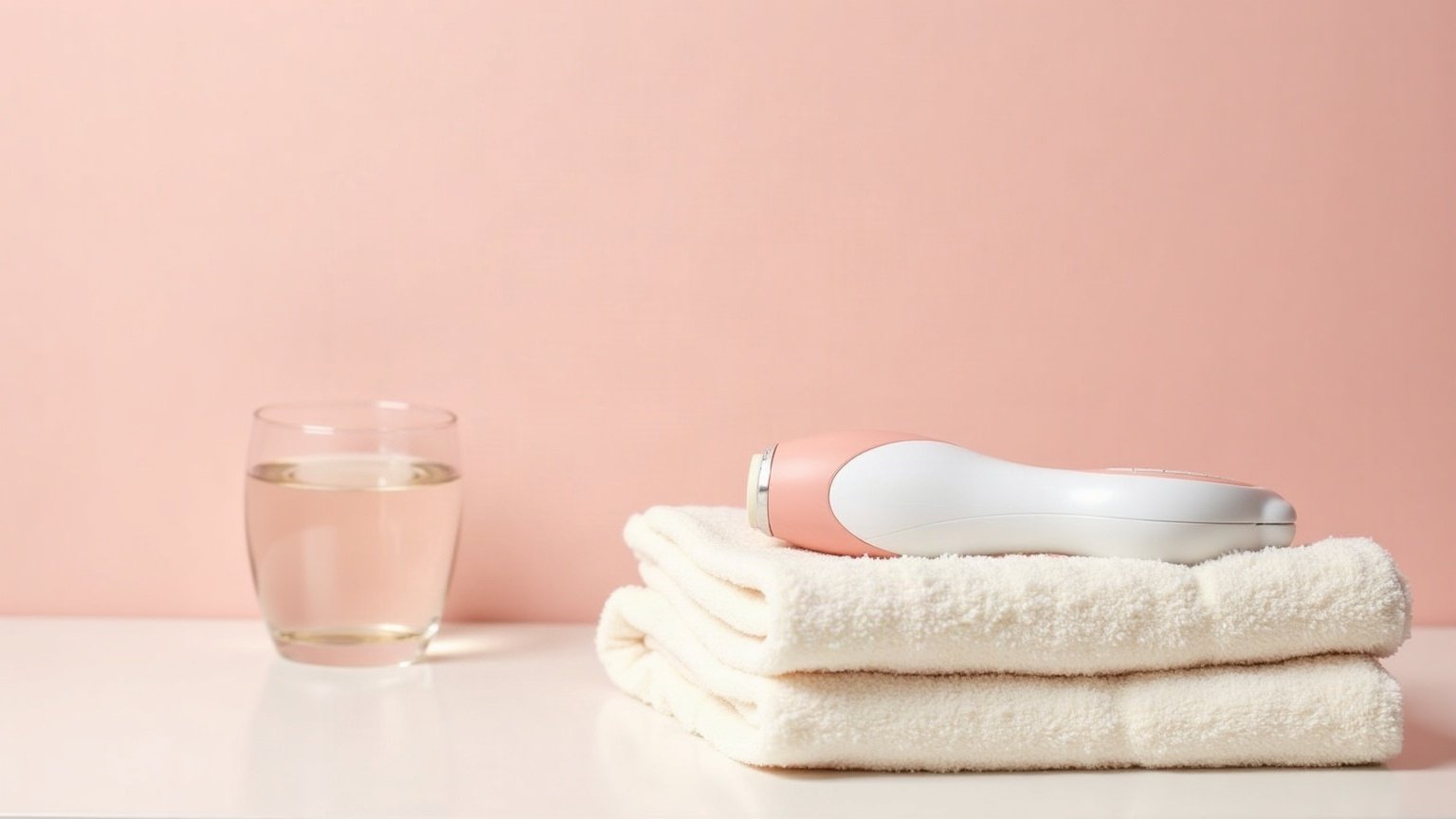 Épilateur électrique sans fil blanc et rose pâle, sans marque, posé sur une serviette crème pliée à côté d’un verre d’eau