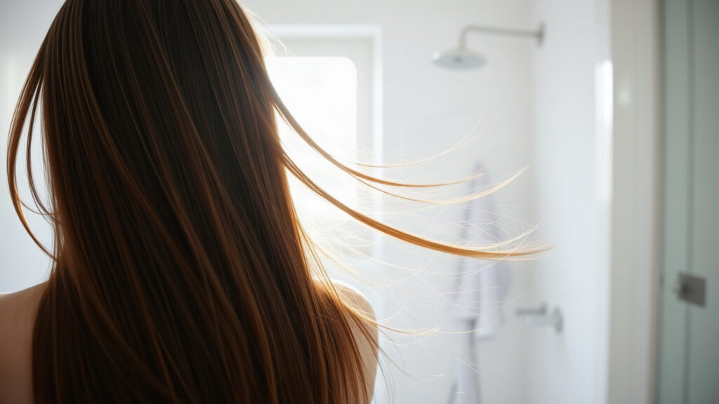 Longs cheveux bruns et lisses, vus de dos, qui bougent après le séchage dans une salle de bain lumineuse