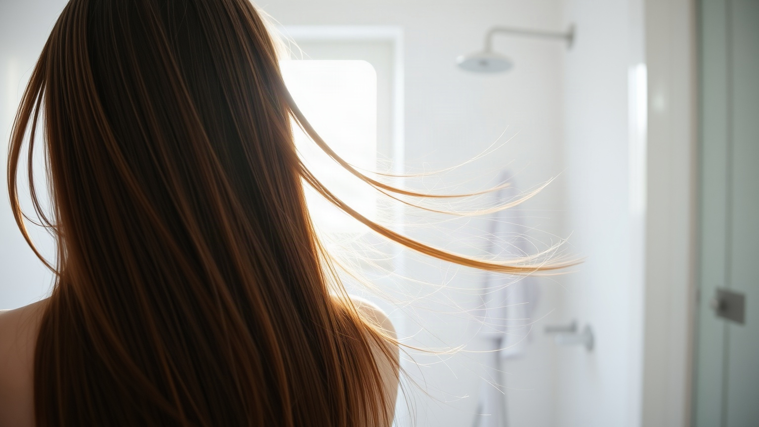 Longs cheveux bruns et lisses, vus de dos, qui bougent après le séchage dans une salle de bain lumineuse