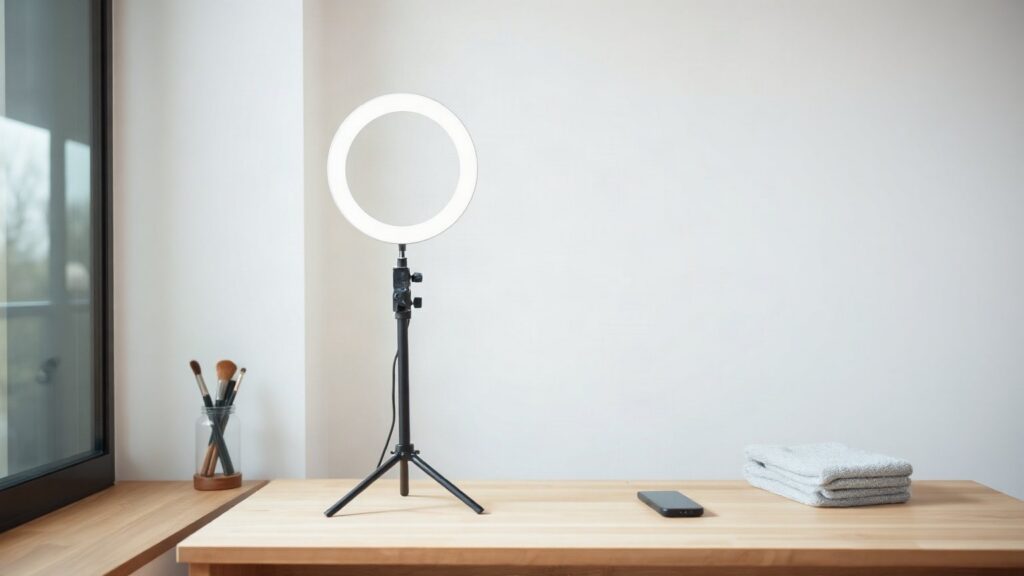 Anneau lumineux blanc sur un petit trépied noir posé sur un bureau en bois clair, à côté d’un pot de pinceaux de maquillage et d’une serviette pliée, lumière du jour