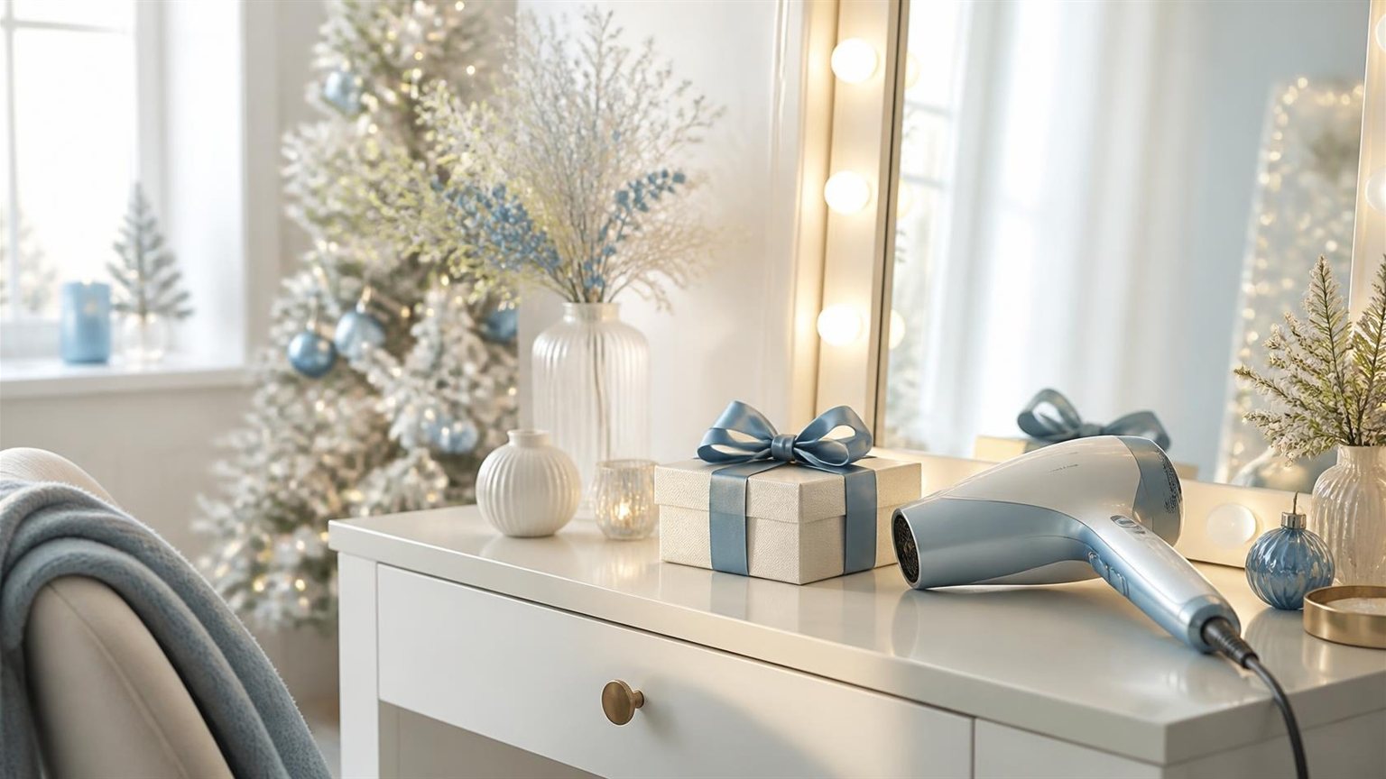 Coiffeuse blanche décorée pour les fêtes avec un sèche-cheveux bleu, un coffret cadeau à ruban bleu et un miroir lumineux