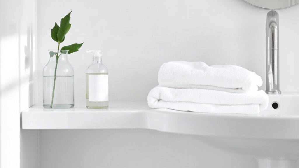 Rebord de vasque blanc avec une serviette blanche pliée, un flacon de nettoyant doux et une branche verte dans un vase en verre