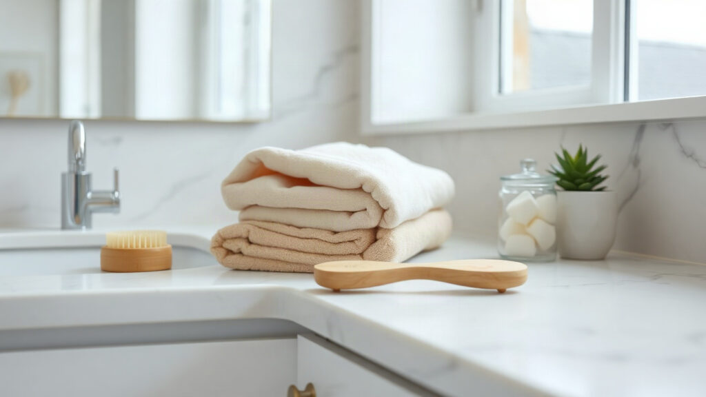 Plan de vasque en marbre blanc avec serviettes pliées, brosse en bois et petite plante dans une salle de bain lumineuse