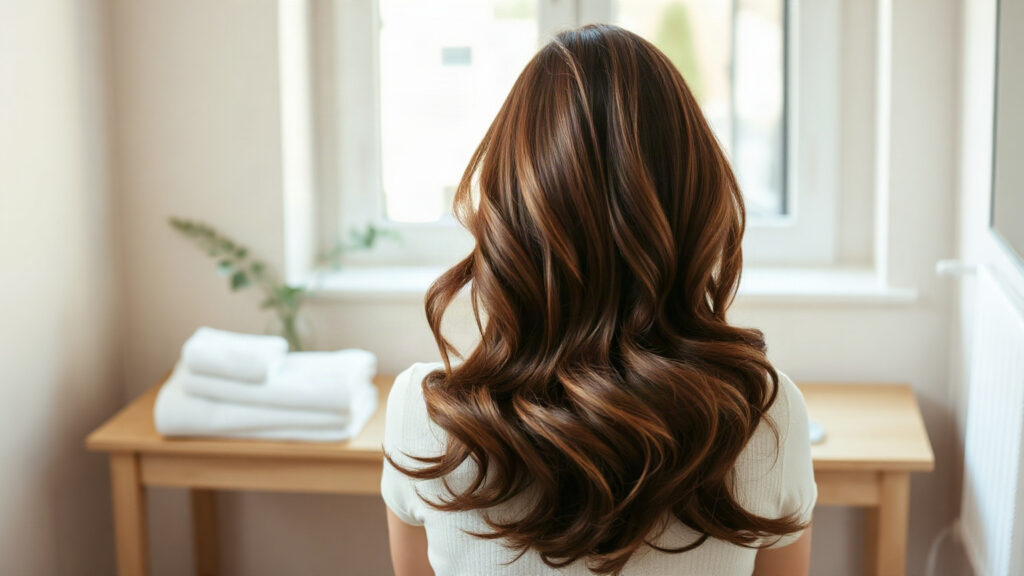 Longs cheveux châtains coiffés en boucles souples, vus de dos devant une fenêtre lumineuse