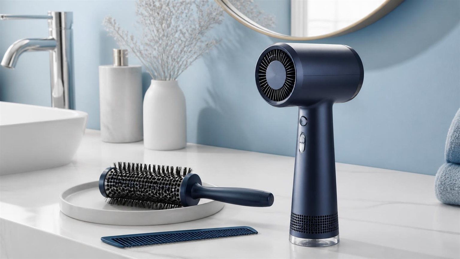 Sèche-cheveux compact bleu nuit posé sur une coiffeuse claire à côté d’une brosse ronde et d’un peigne