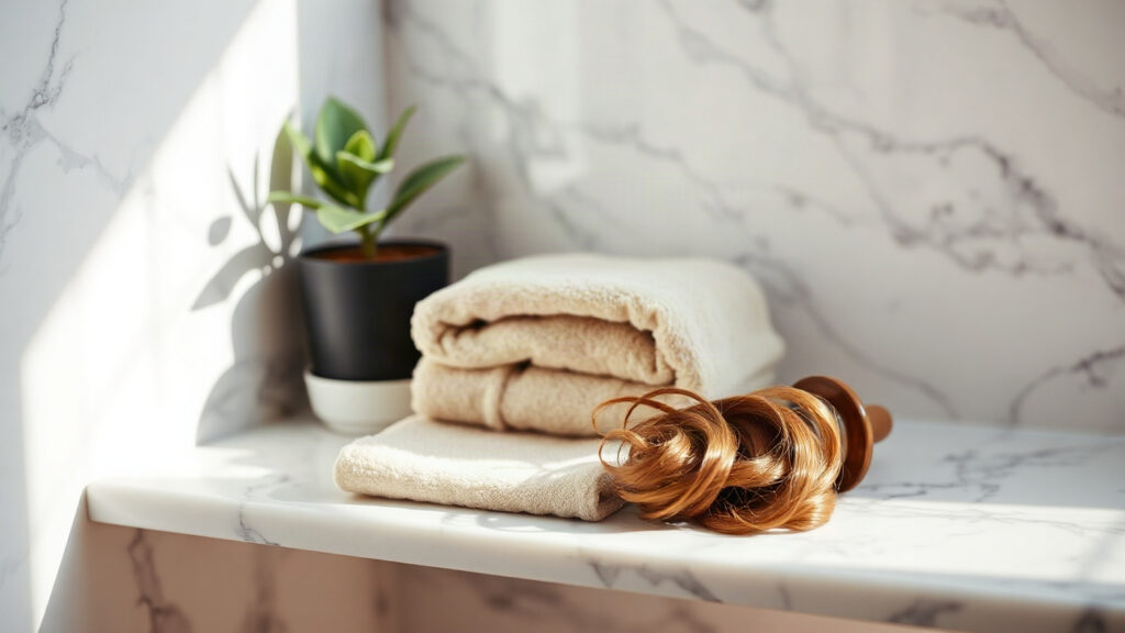 Plan de vasque en marbre avec serviette beige, plante verte et boucles de cheveux châtains posées sur une brosse en bois