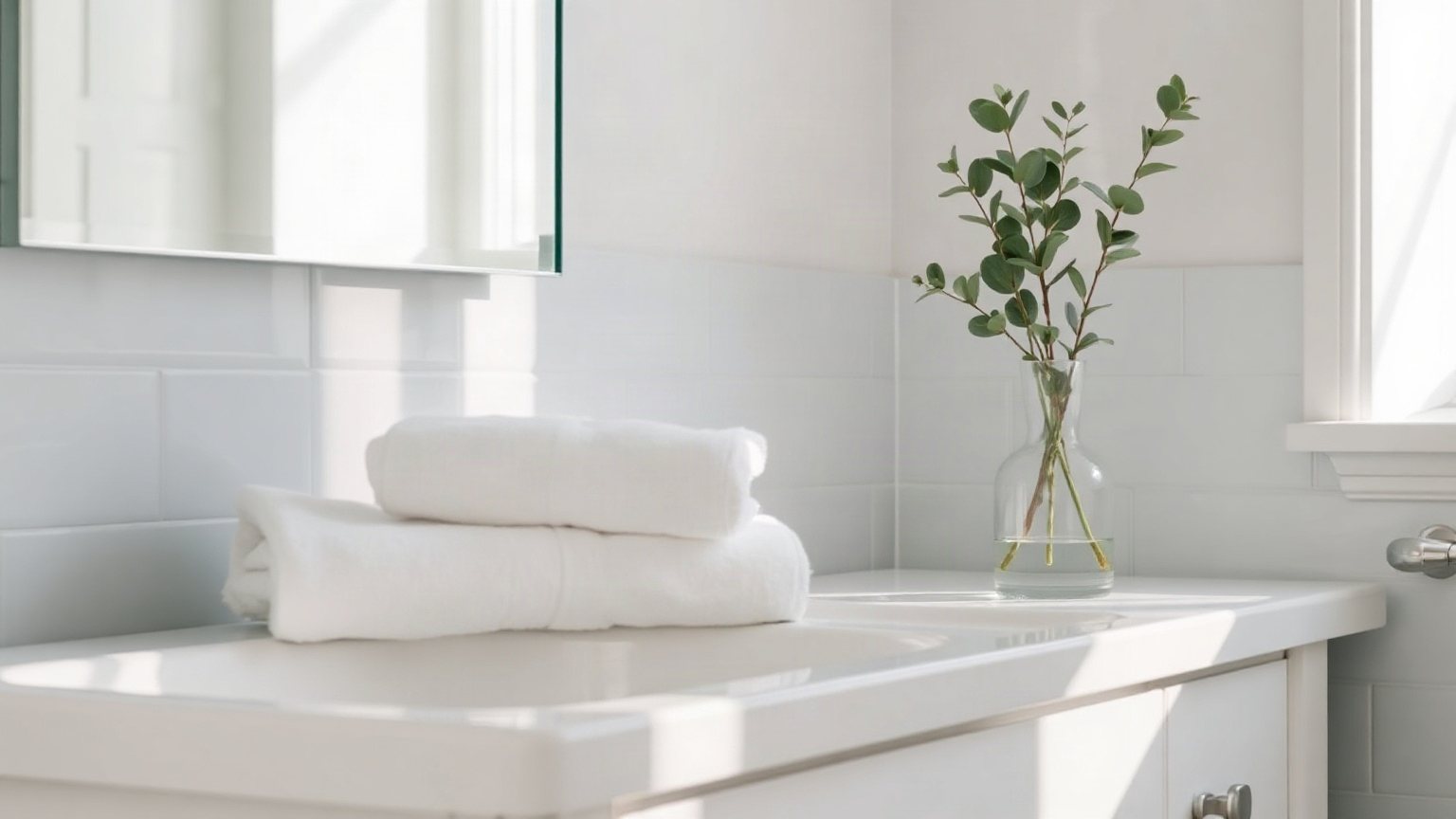 Plan de vasque de salle de bains claire avec serviettes blanches pliées et une branche d’eucalyptus dans un vase en verre