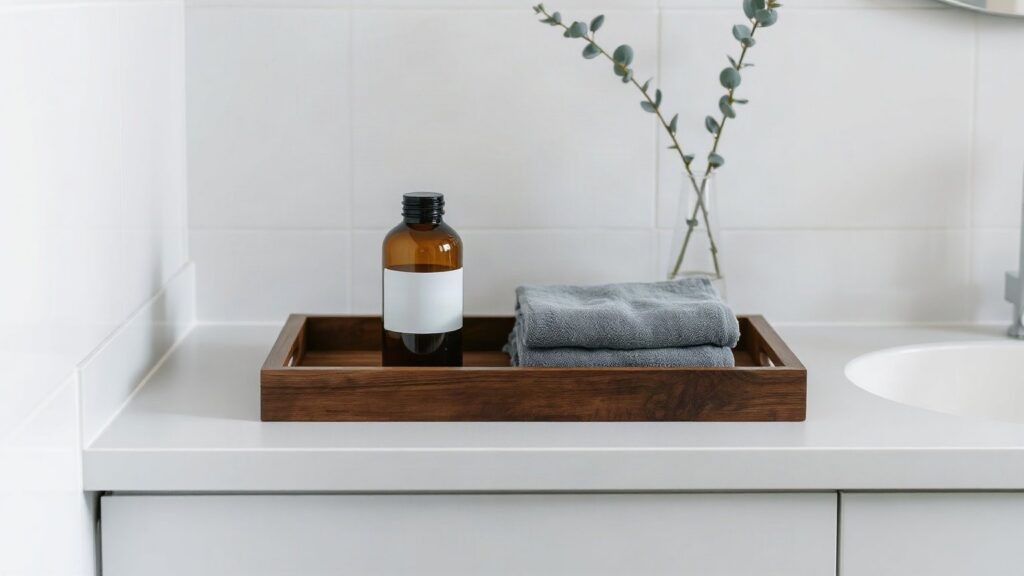 Plan de vasque de salle de bains claire avec un plateau en bois sombre, une serviette gris ardoise pliée et une branche d’eucalyptus dans un vase en verre