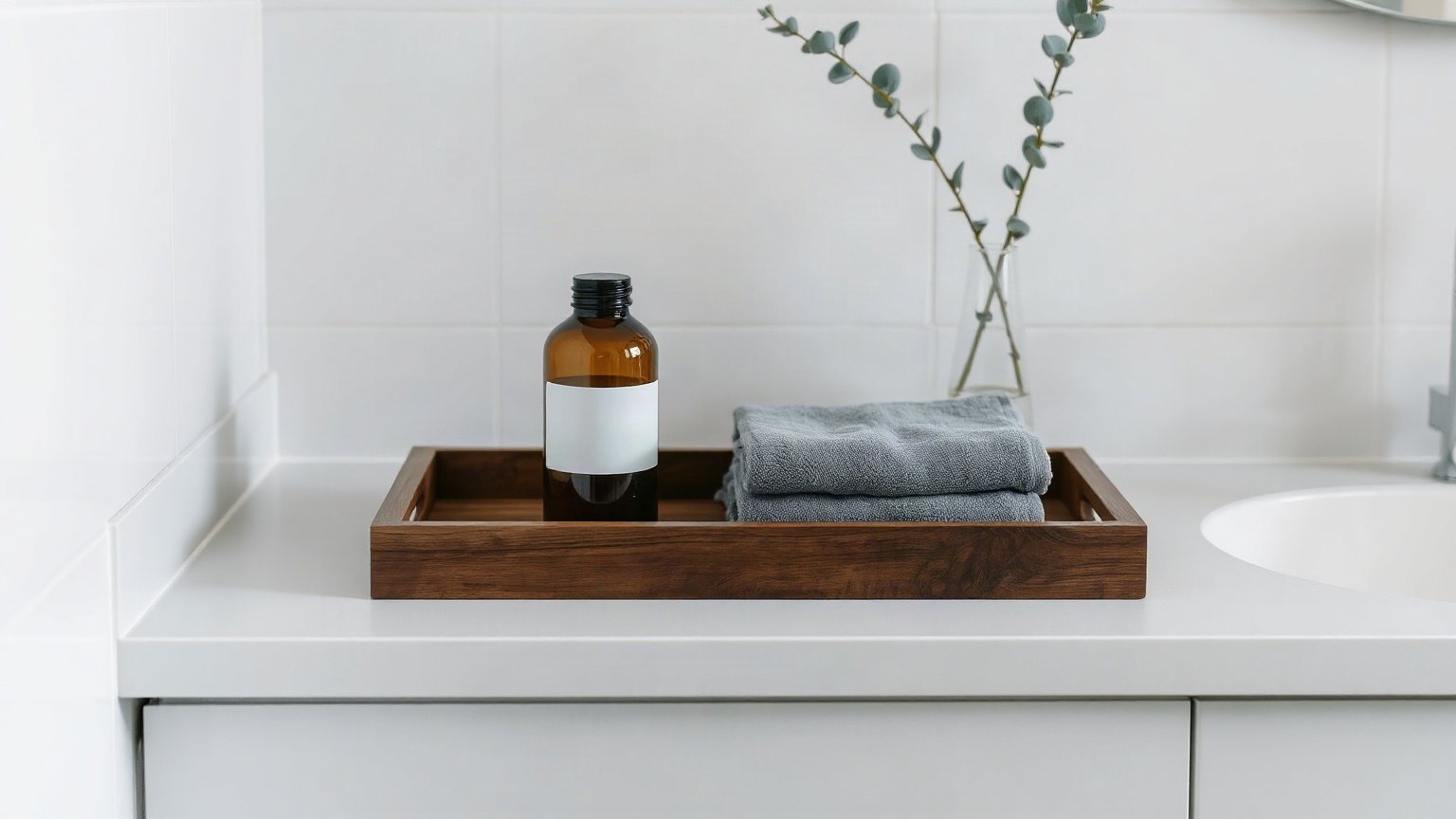 Plan de vasque de salle de bains claire avec un plateau en bois sombre, une serviette gris ardoise pliée et une branche d’eucalyptus dans un vase en verre