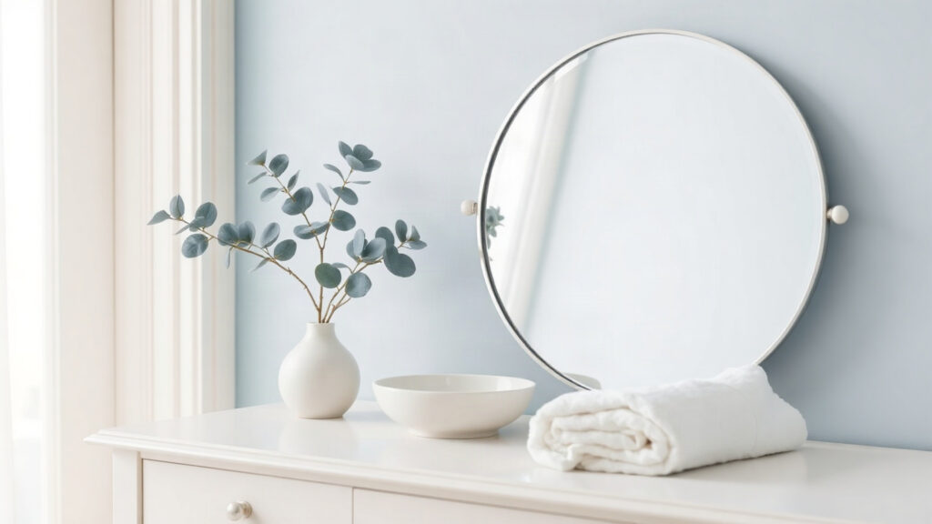Coiffeuse blanche avec miroir rond, vase de branches d’eucalyptus, coupelle en céramique et serviette blanche roulée, lumière douce
