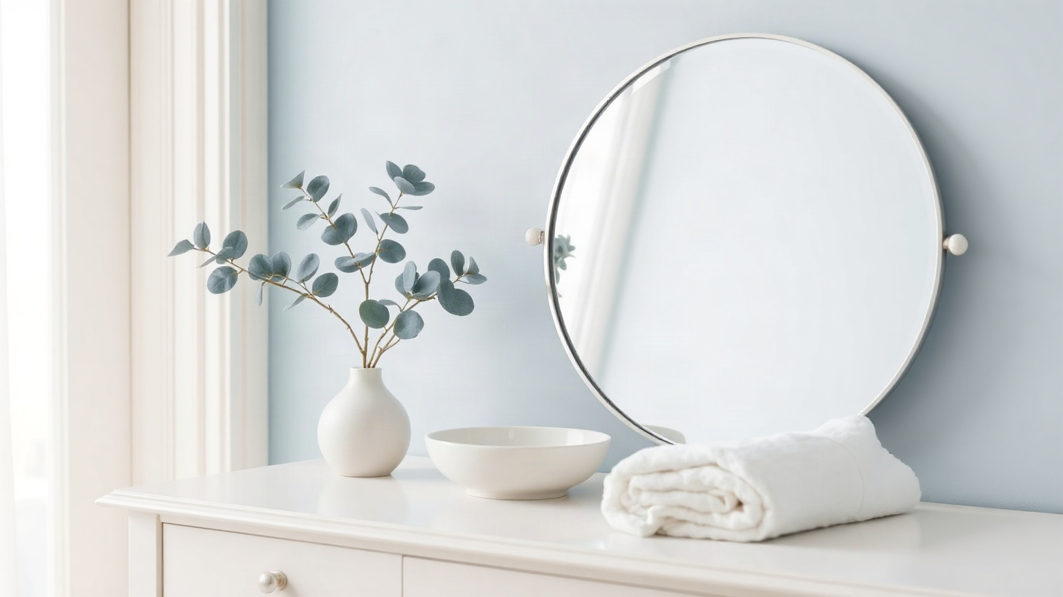 Coiffeuse blanche avec miroir rond, vase de branches d’eucalyptus, coupelle en céramique et serviette blanche roulée, lumière douce