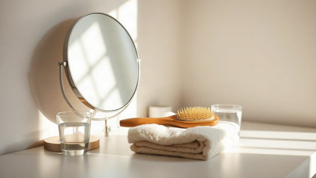Coiffeuse claire avec miroir rond, brosse en bois posée sur une serviette crème et verre d’eau