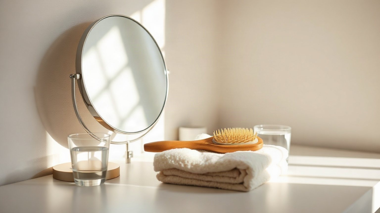 Coiffeuse claire avec miroir rond, brosse en bois posée sur une serviette crème et verre d’eau