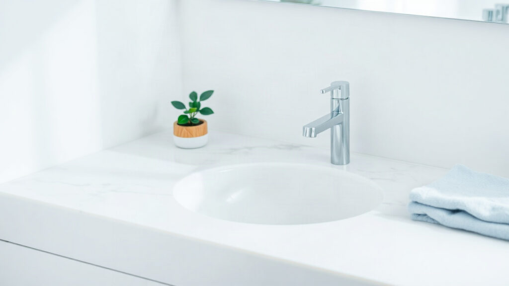 Plan de vasque en marbre blanc avec robinet chromé, petite plante verte et serviette bleu clair pliée, lumière du matin