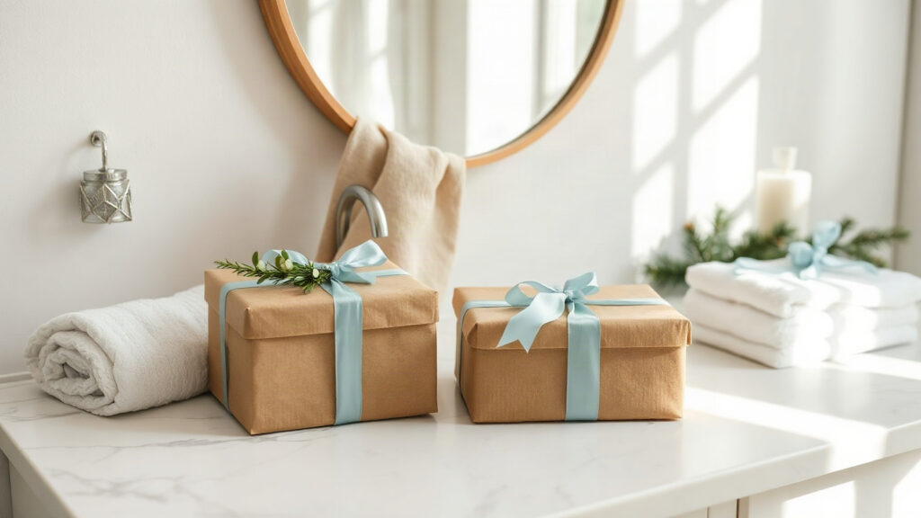 Paquets cadeaux en papier kraft et rubans bleu clair sur une vasque en marbre blanc, serviettes et branches de sapin