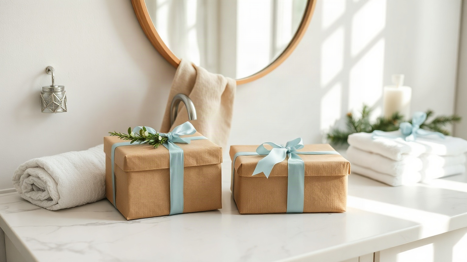 Paquets cadeaux en papier kraft et rubans bleu clair sur une vasque en marbre blanc, serviettes et branches de sapin