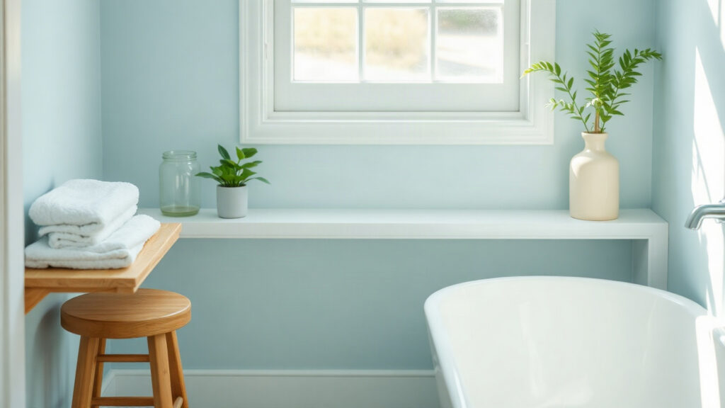 Étagère de salle de bain claire avec serviettes pliées, plante et baignoire blanche dans une lumière douce du matin
