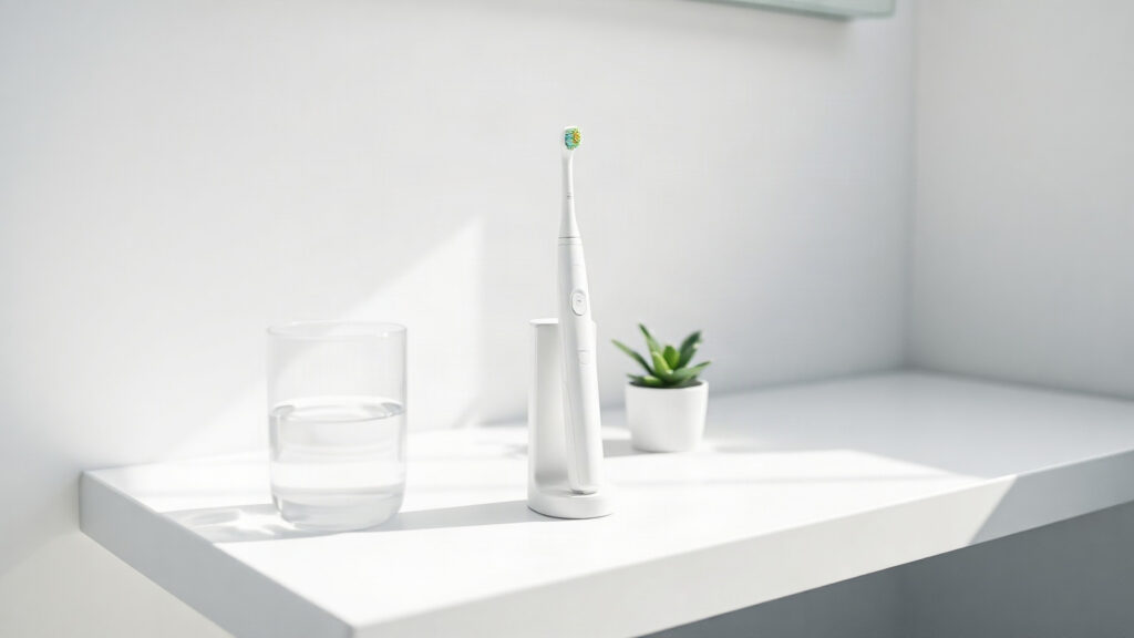 Brosse à dents électrique blanche sur son socle de charge, sur une étagère de salle de bains lumineuse