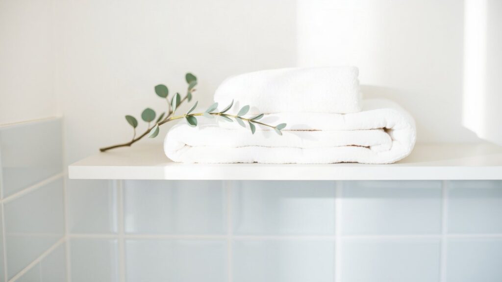 Serviette blanche pliée et branche d’eucalyptus sur une étagère de salle de bains aux carreaux bleu pâle