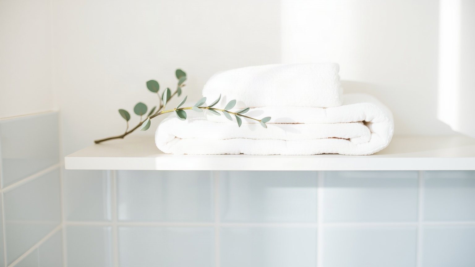 Serviette blanche pliée et branche d’eucalyptus sur une étagère de salle de bains aux carreaux bleu pâle