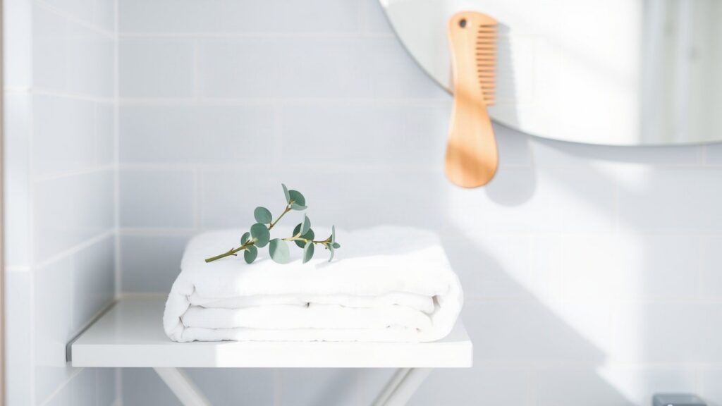 Étagère de salle de bains claire avec serviette blanche pliée, branche d’eucalyptus et peigne en bois
