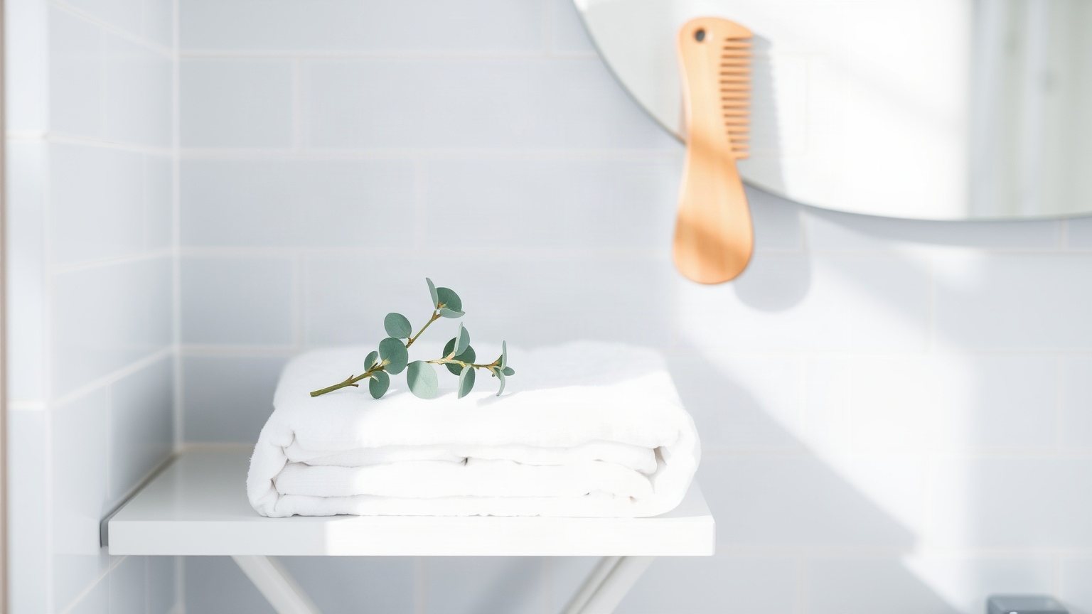 Étagère de salle de bains claire avec serviette blanche pliée, branche d’eucalyptus et peigne en bois